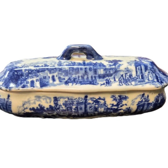 VTG Victoria Ware Flow Blue Ironstone Trinket Tray Lid 3 Compartments Shabby - Picture 3 of 9